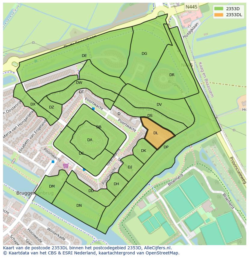 Afbeelding van het postcodegebied 2353 DL op de kaart.