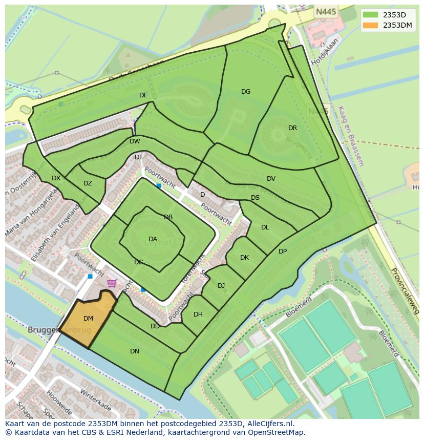 Afbeelding van het postcodegebied 2353 DM op de kaart.
