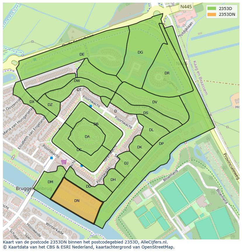 Afbeelding van het postcodegebied 2353 DN op de kaart.