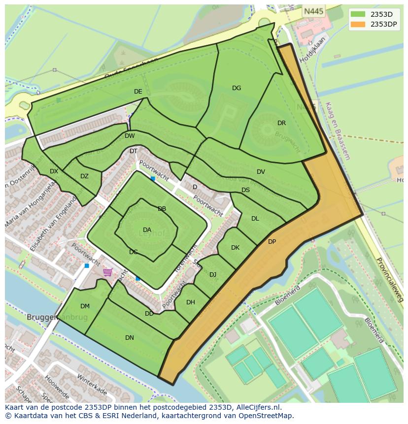 Afbeelding van het postcodegebied 2353 DP op de kaart.