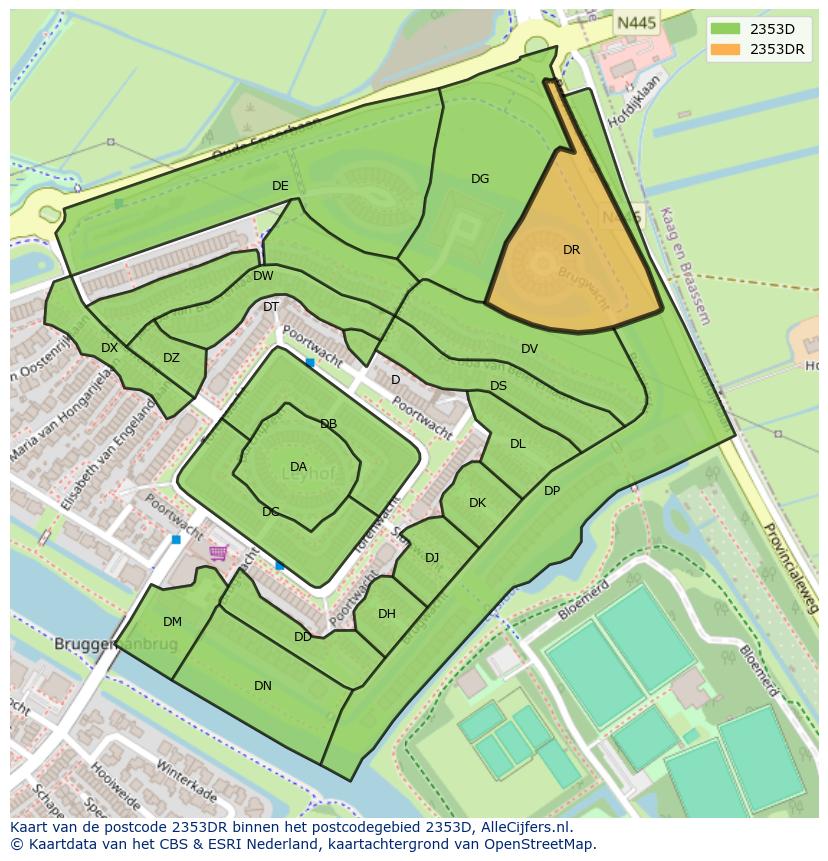 Afbeelding van het postcodegebied 2353 DR op de kaart.