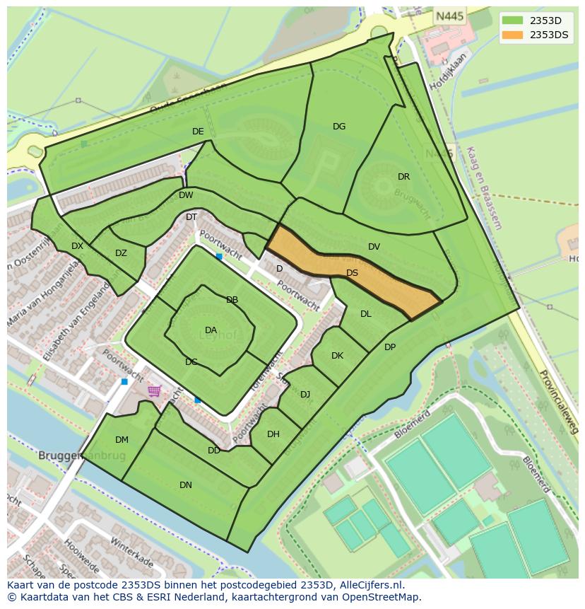 Afbeelding van het postcodegebied 2353 DS op de kaart.