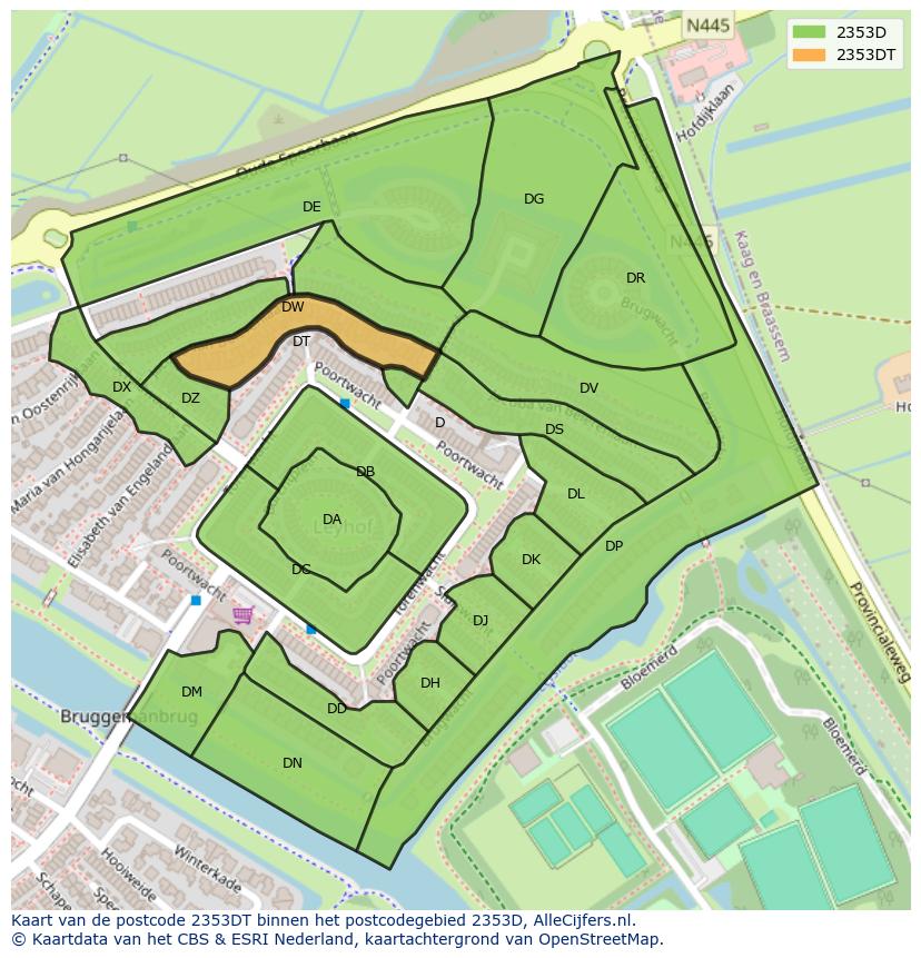 Afbeelding van het postcodegebied 2353 DT op de kaart.