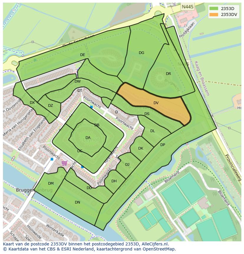 Afbeelding van het postcodegebied 2353 DV op de kaart.