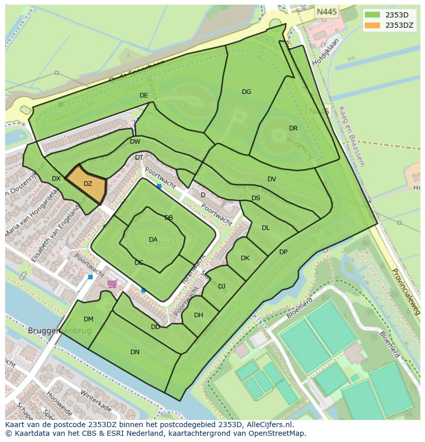 Afbeelding van het postcodegebied 2353 DZ op de kaart.