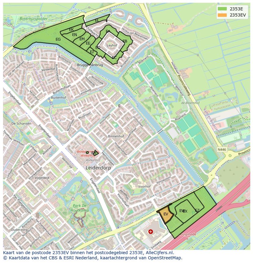 Afbeelding van het postcodegebied 2353 EV op de kaart.