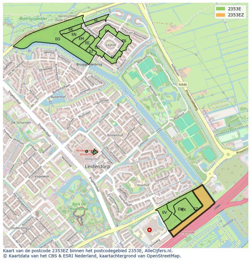 Afbeelding van het postcodegebied 2353 EZ op de kaart.