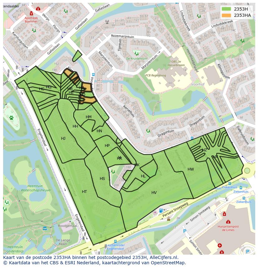 Afbeelding van het postcodegebied 2353 HA op de kaart.