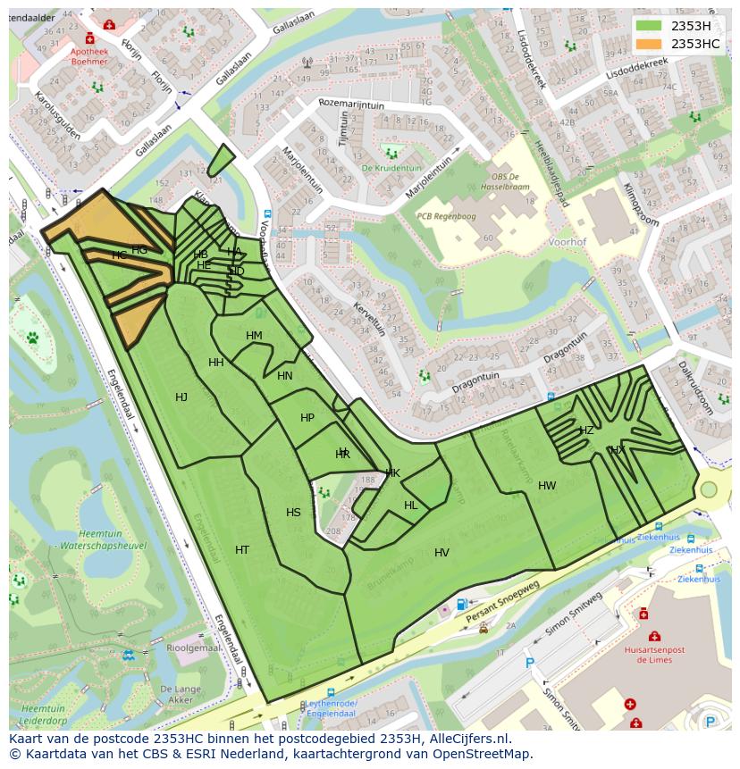 Afbeelding van het postcodegebied 2353 HC op de kaart.