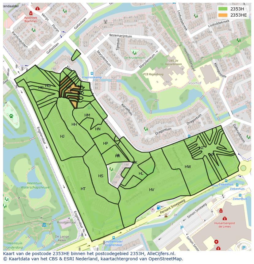 Afbeelding van het postcodegebied 2353 HE op de kaart.
