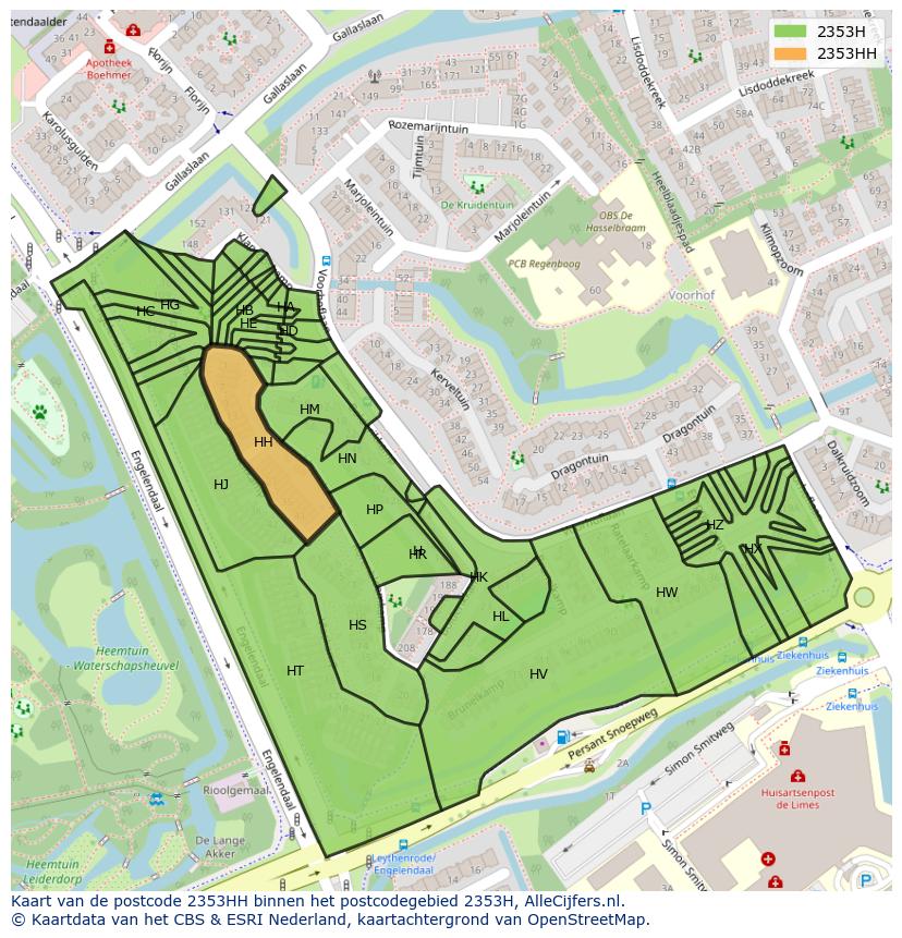 Afbeelding van het postcodegebied 2353 HH op de kaart.