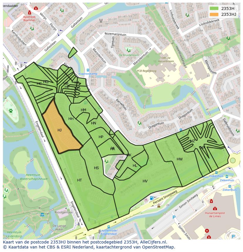 Afbeelding van het postcodegebied 2353 HJ op de kaart.