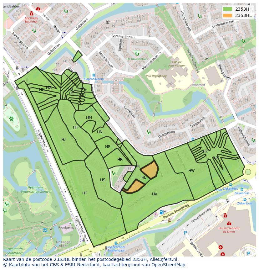 Afbeelding van het postcodegebied 2353 HL op de kaart.