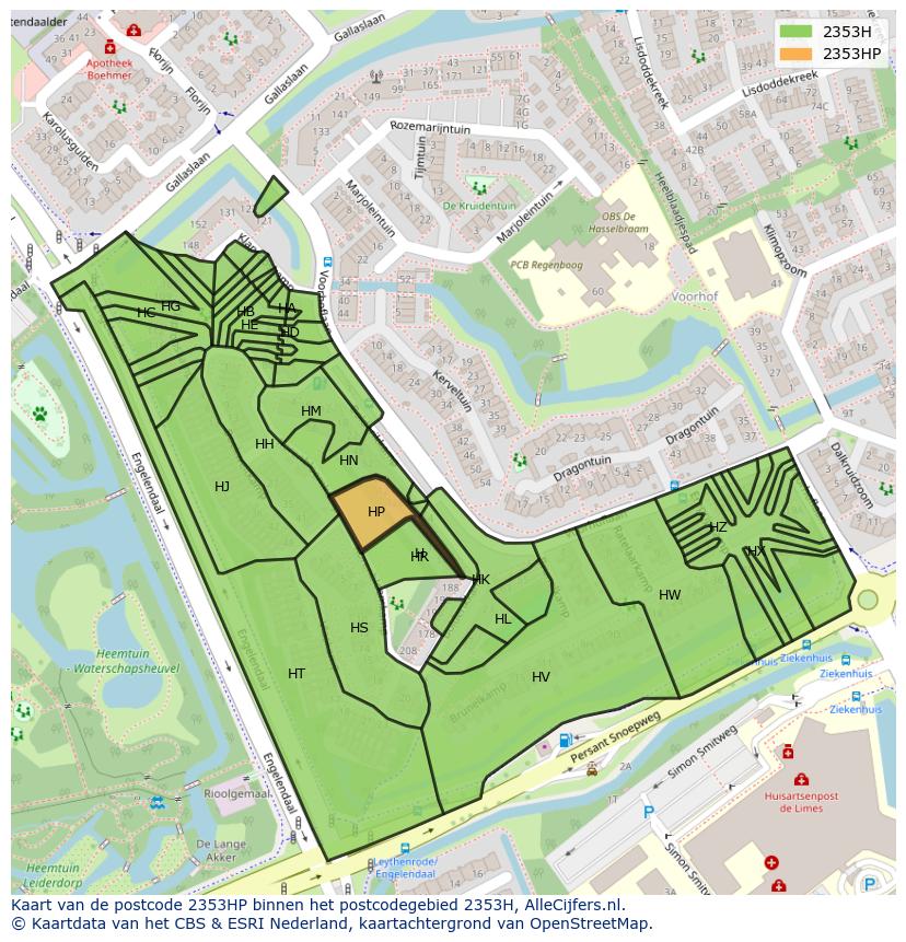 Afbeelding van het postcodegebied 2353 HP op de kaart.