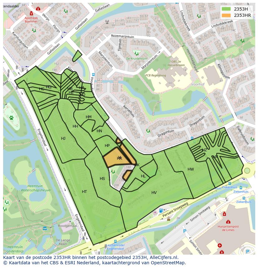 Afbeelding van het postcodegebied 2353 HR op de kaart.