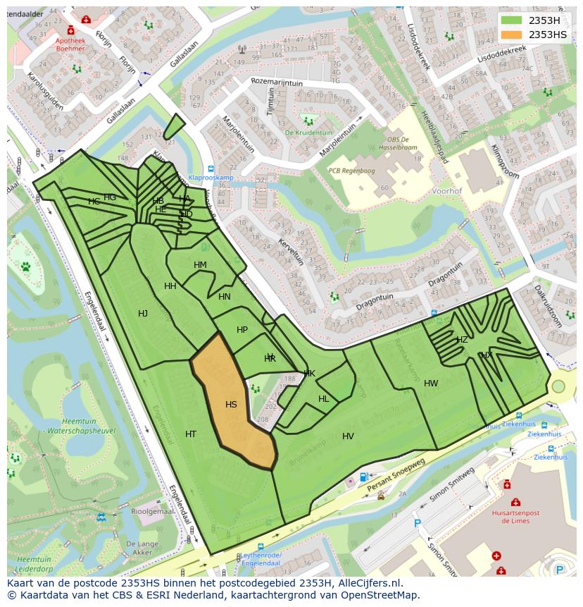 Afbeelding van het postcodegebied 2353 HS op de kaart.