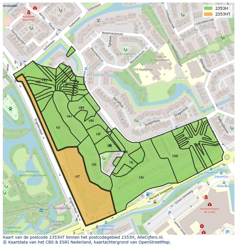 Afbeelding van het postcodegebied 2353 HT op de kaart.