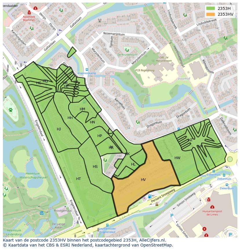 Afbeelding van het postcodegebied 2353 HV op de kaart.