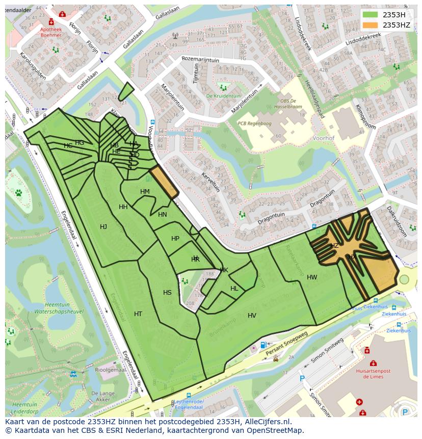 Afbeelding van het postcodegebied 2353 HZ op de kaart.