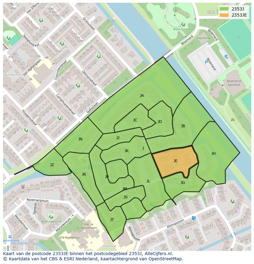 Afbeelding van het postcodegebied 2353 JE op de kaart.
