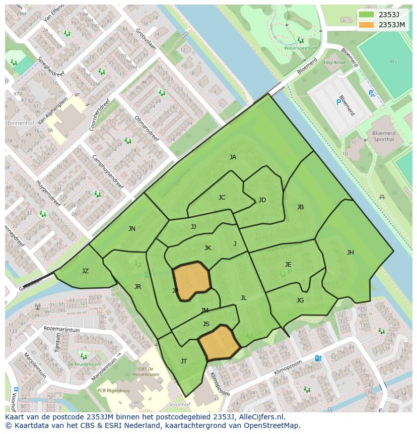 Afbeelding van het postcodegebied 2353 JM op de kaart.