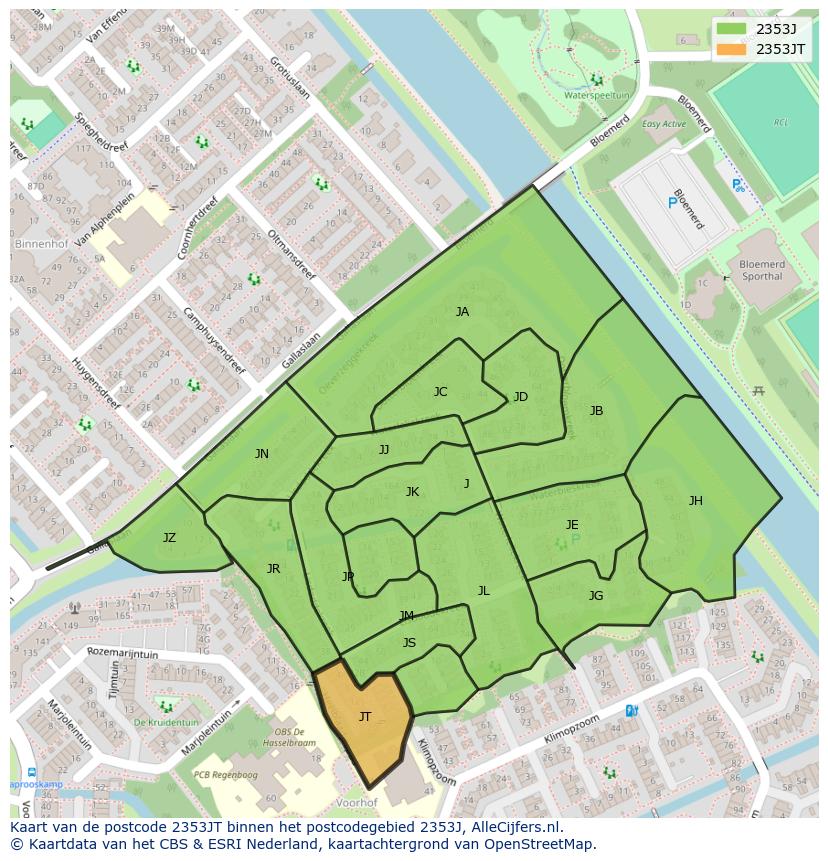 Afbeelding van het postcodegebied 2353 JT op de kaart.