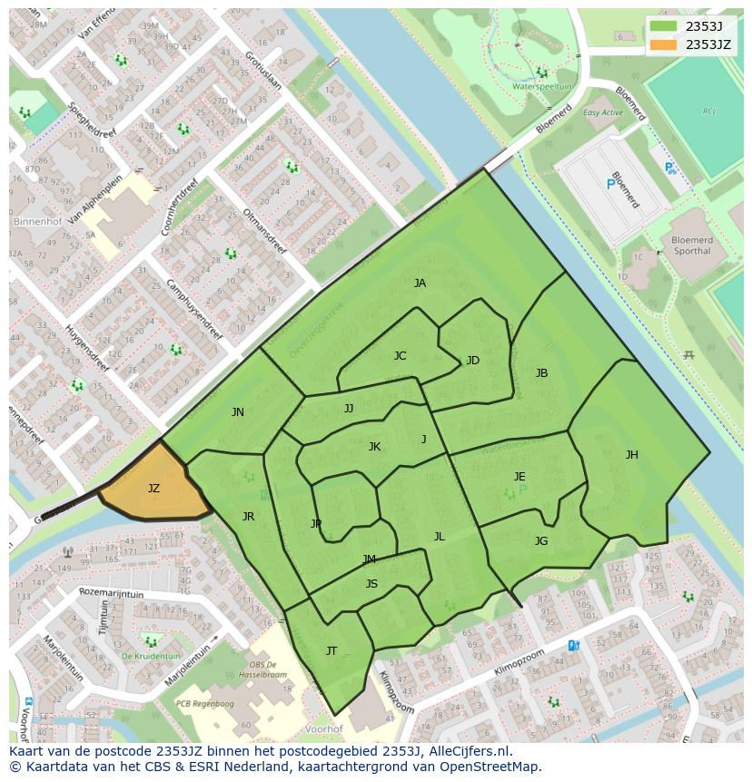 Afbeelding van het postcodegebied 2353 JZ op de kaart.