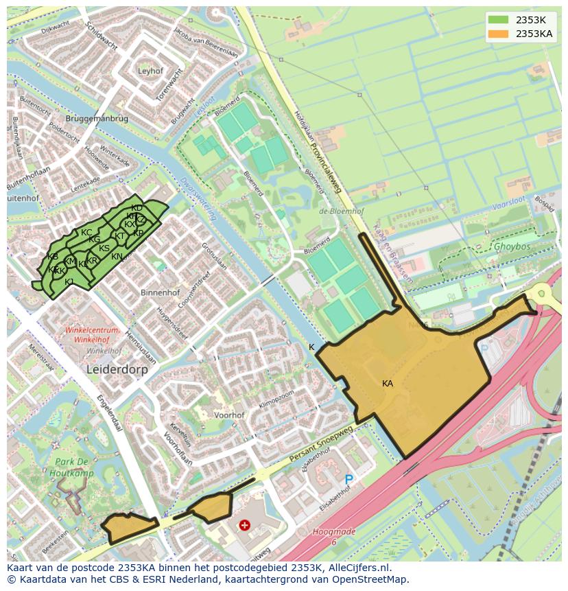 Afbeelding van het postcodegebied 2353 KA op de kaart.