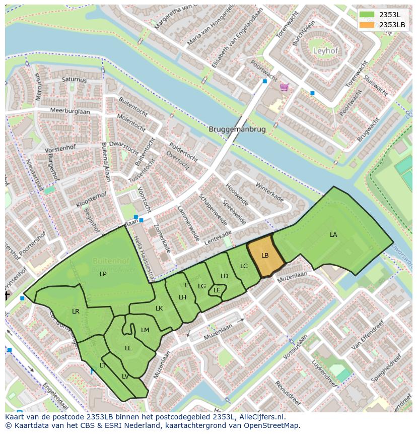 Afbeelding van het postcodegebied 2353 LB op de kaart.