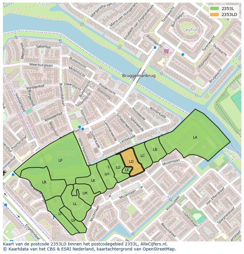 Afbeelding van het postcodegebied 2353 LD op de kaart.