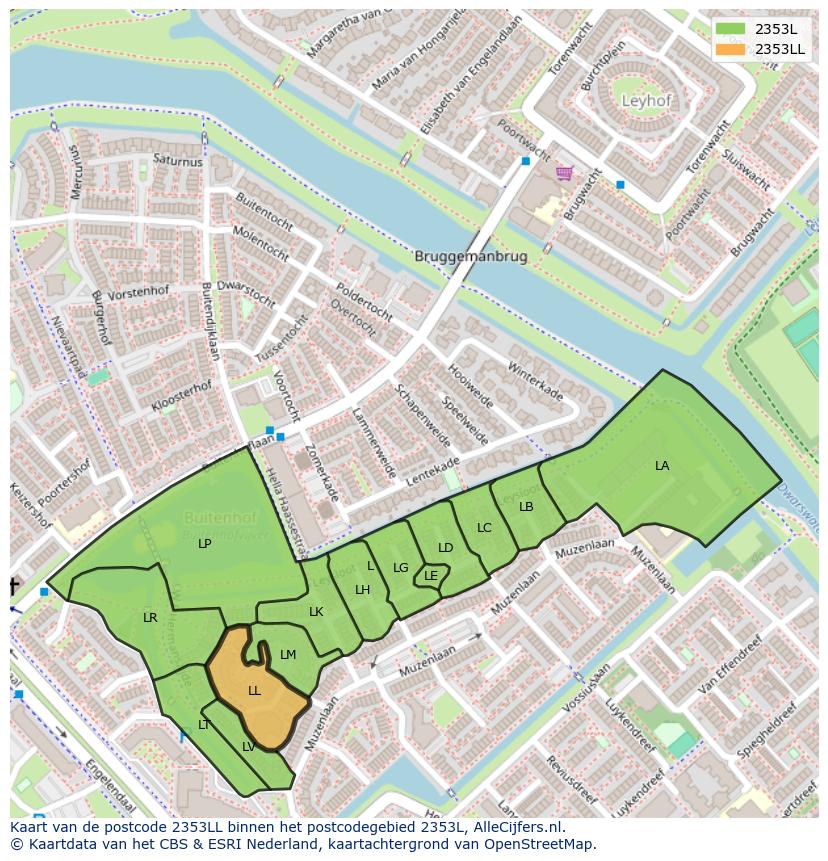 Afbeelding van het postcodegebied 2353 LL op de kaart.