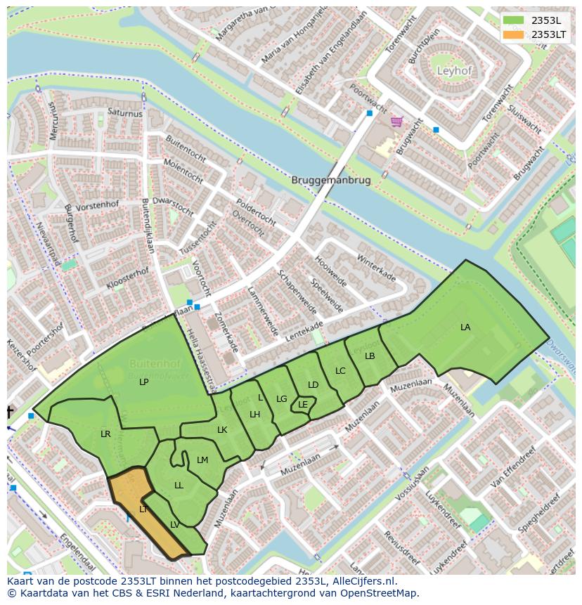 Afbeelding van het postcodegebied 2353 LT op de kaart.