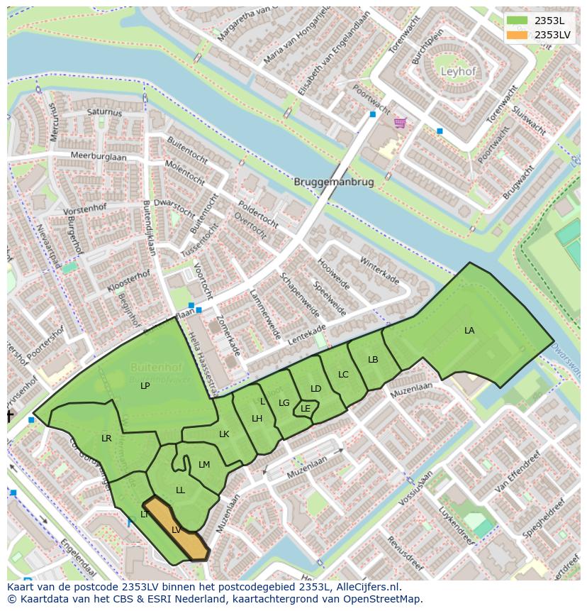 Afbeelding van het postcodegebied 2353 LV op de kaart.
