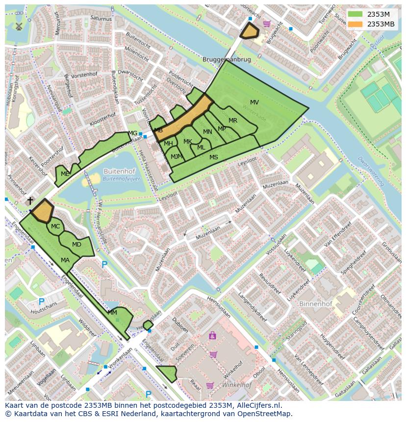 Afbeelding van het postcodegebied 2353 MB op de kaart.