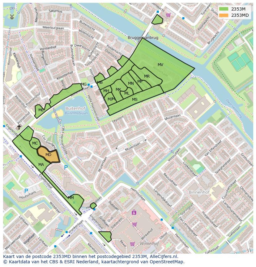 Afbeelding van het postcodegebied 2353 MD op de kaart.