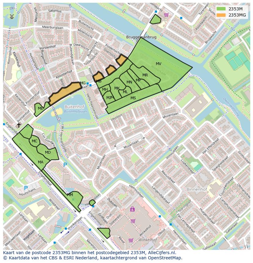 Afbeelding van het postcodegebied 2353 MG op de kaart.
