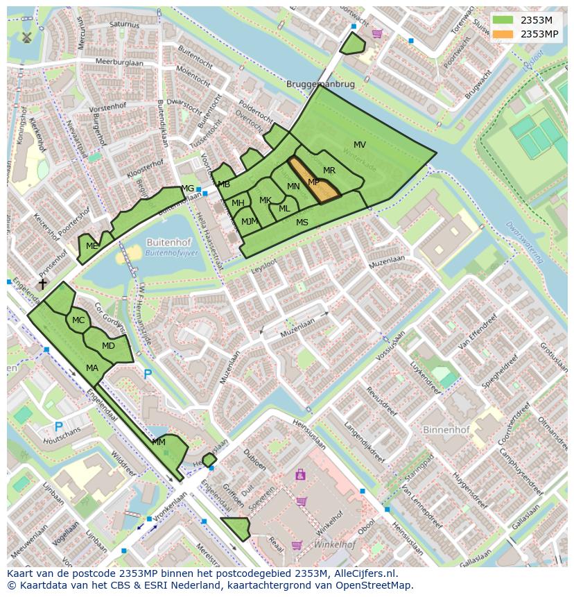 Afbeelding van het postcodegebied 2353 MP op de kaart.