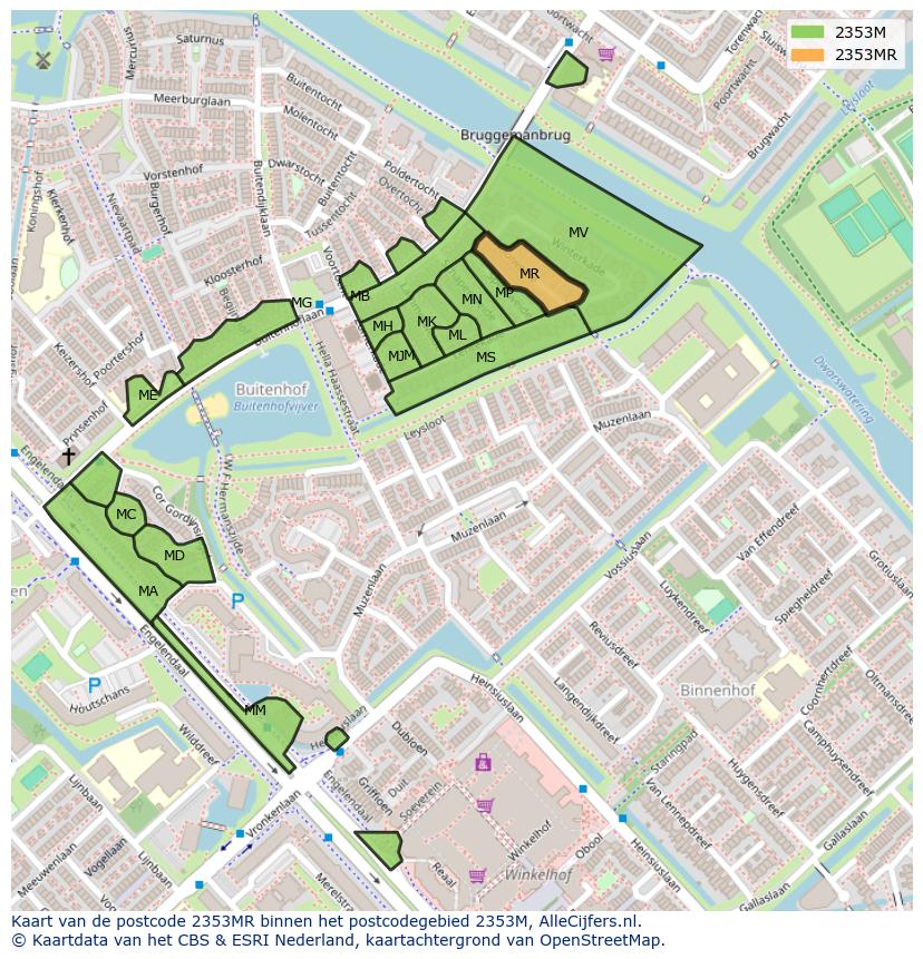 Afbeelding van het postcodegebied 2353 MR op de kaart.