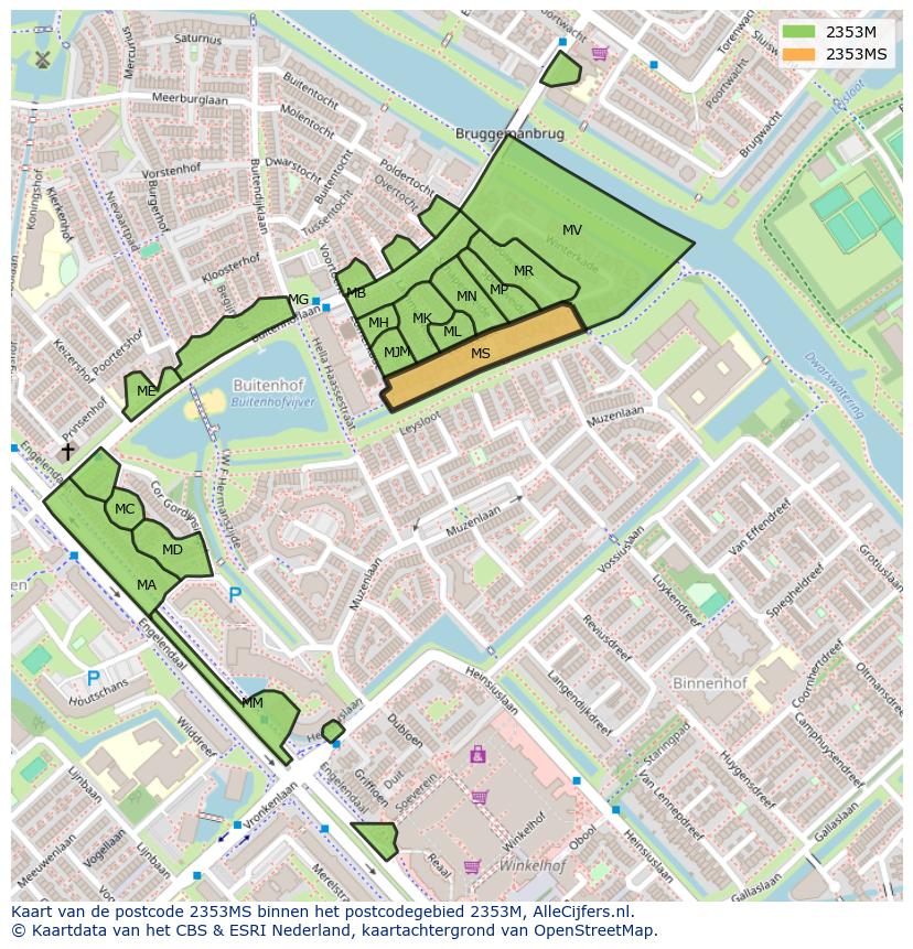 Afbeelding van het postcodegebied 2353 MS op de kaart.