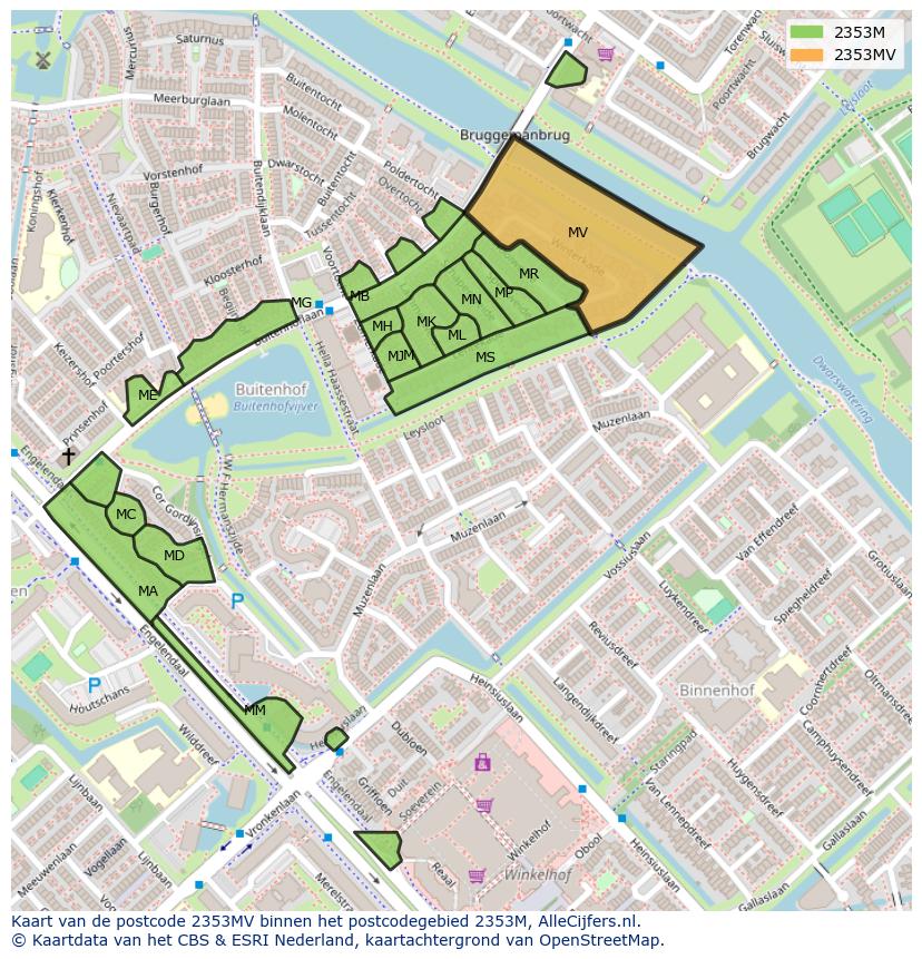 Afbeelding van het postcodegebied 2353 MV op de kaart.