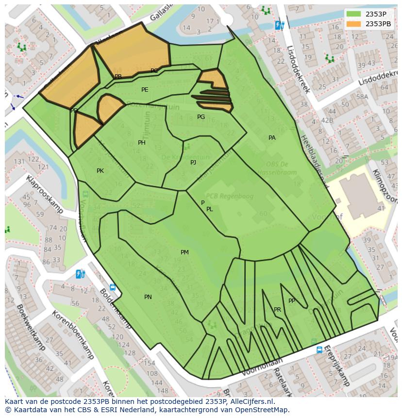 Afbeelding van het postcodegebied 2353 PB op de kaart.