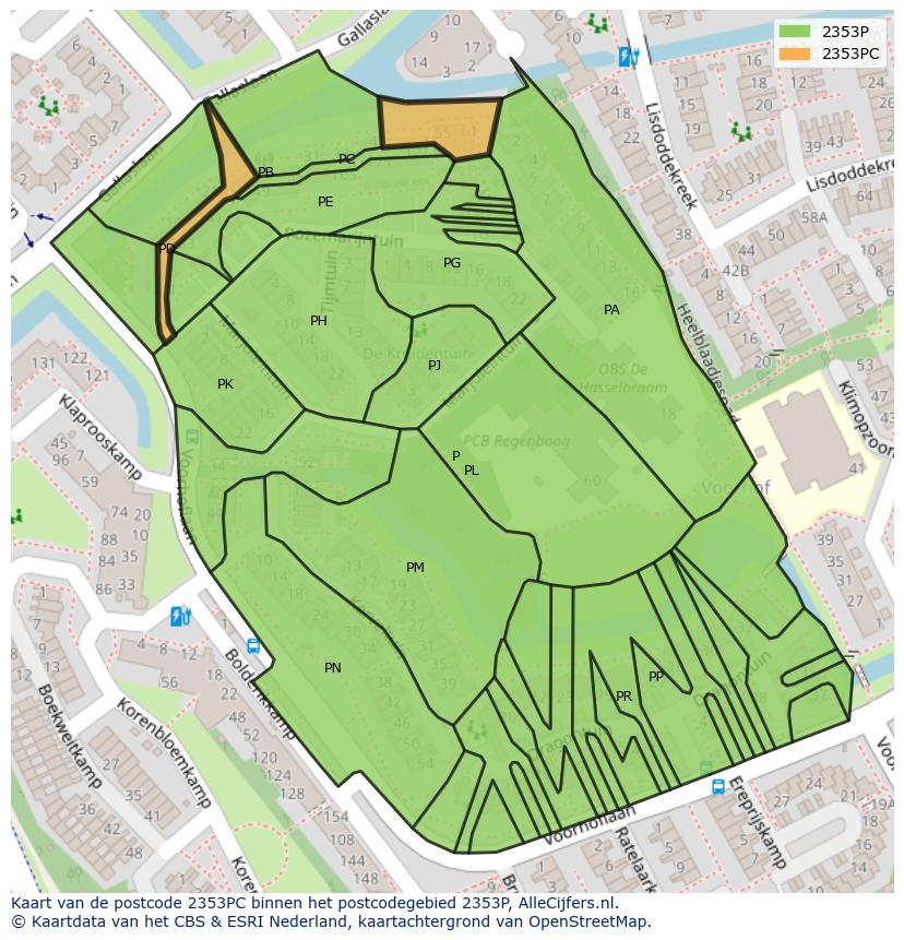 Afbeelding van het postcodegebied 2353 PC op de kaart.