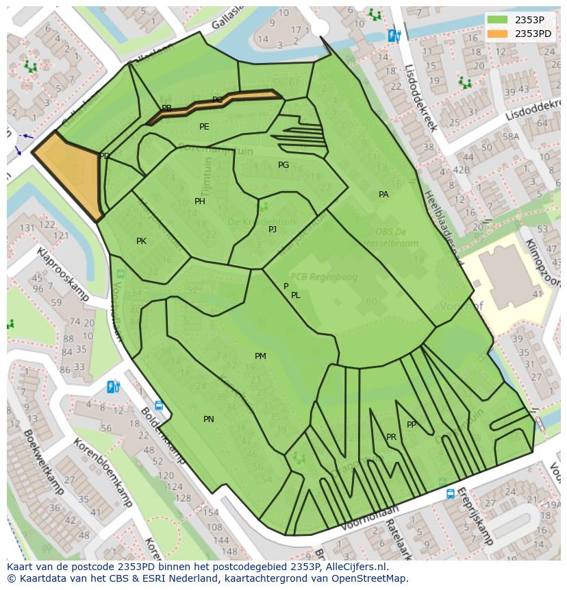 Afbeelding van het postcodegebied 2353 PD op de kaart.