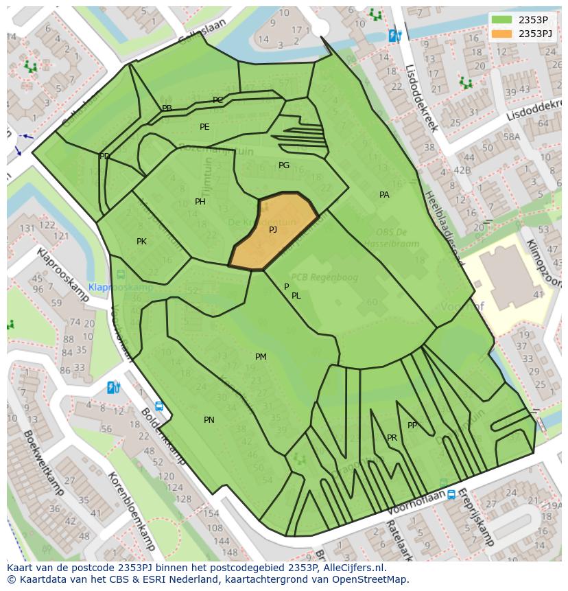 Afbeelding van het postcodegebied 2353 PJ op de kaart.