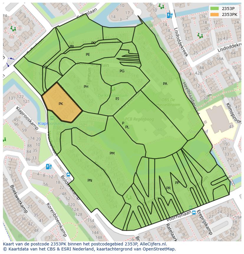 Afbeelding van het postcodegebied 2353 PK op de kaart.