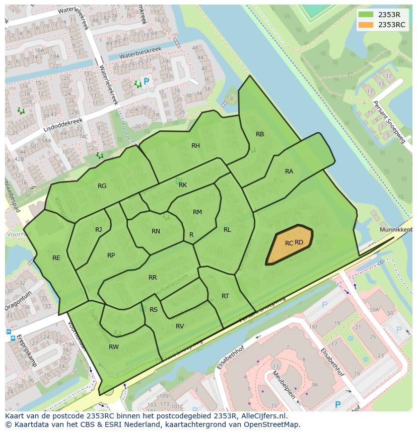 Afbeelding van het postcodegebied 2353 RC op de kaart.