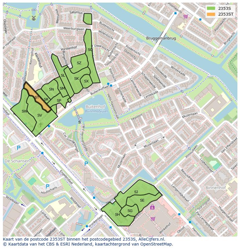 Afbeelding van het postcodegebied 2353 ST op de kaart.