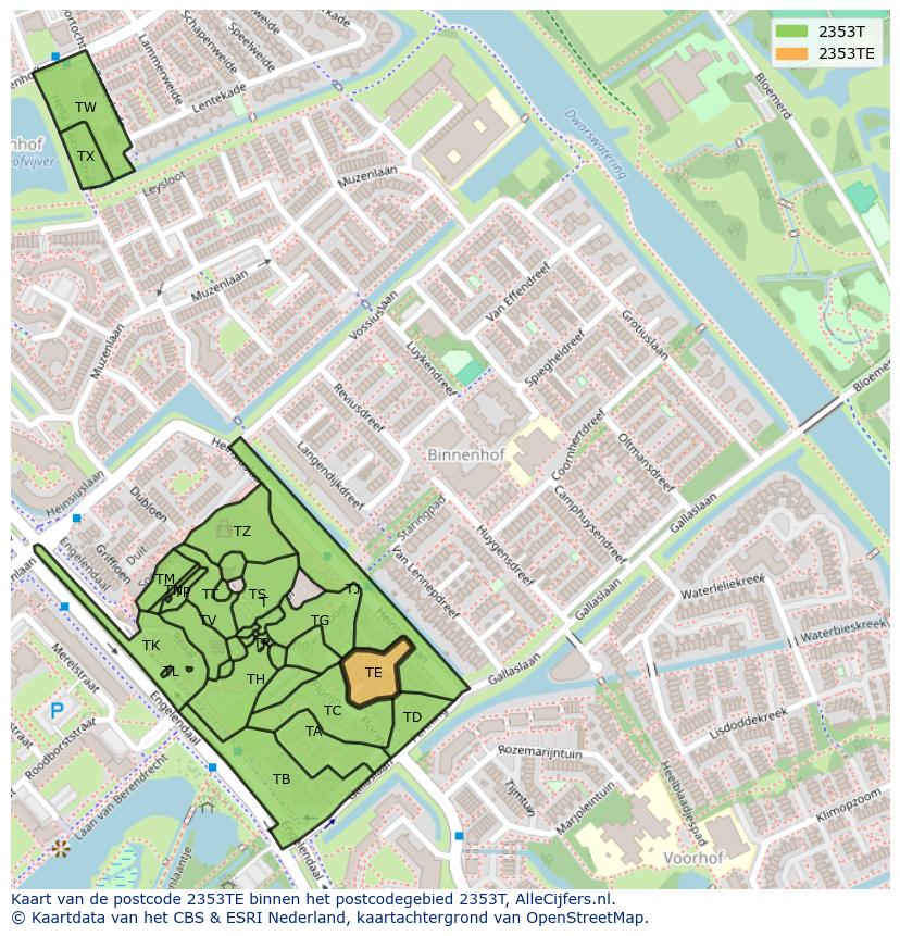 Afbeelding van het postcodegebied 2353 TE op de kaart.