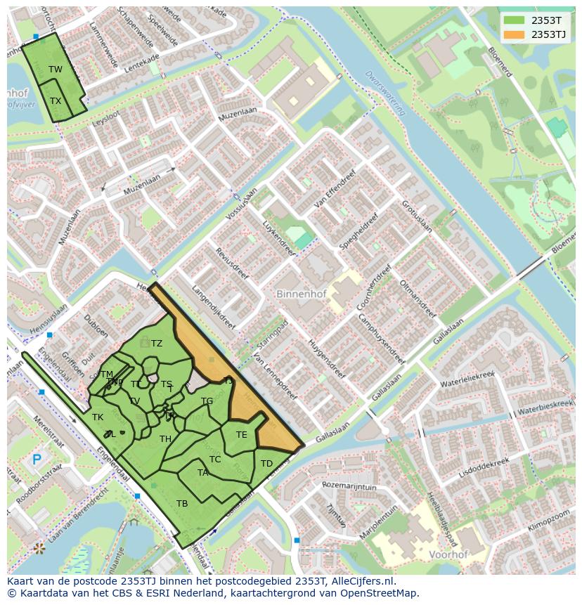 Afbeelding van het postcodegebied 2353 TJ op de kaart.