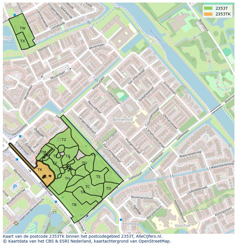 Afbeelding van het postcodegebied 2353 TK op de kaart.